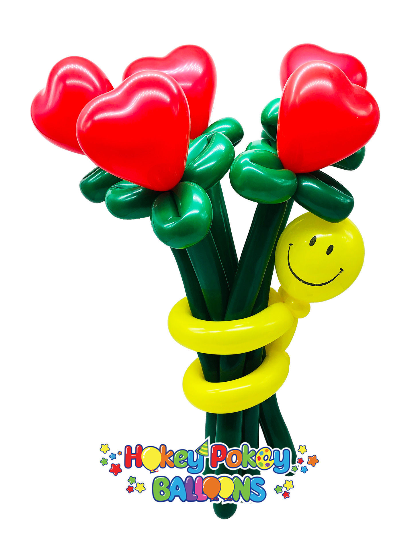 Picture of Heart Flower Balloon Bouquet with Smiley Guy (up to 21 flowers)