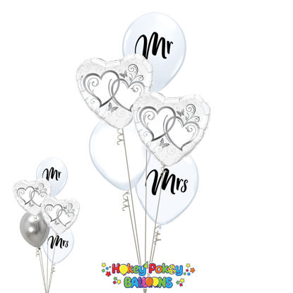 Picture of Couple of Entwined Silver Hearts - Balloon Bouquet of 5