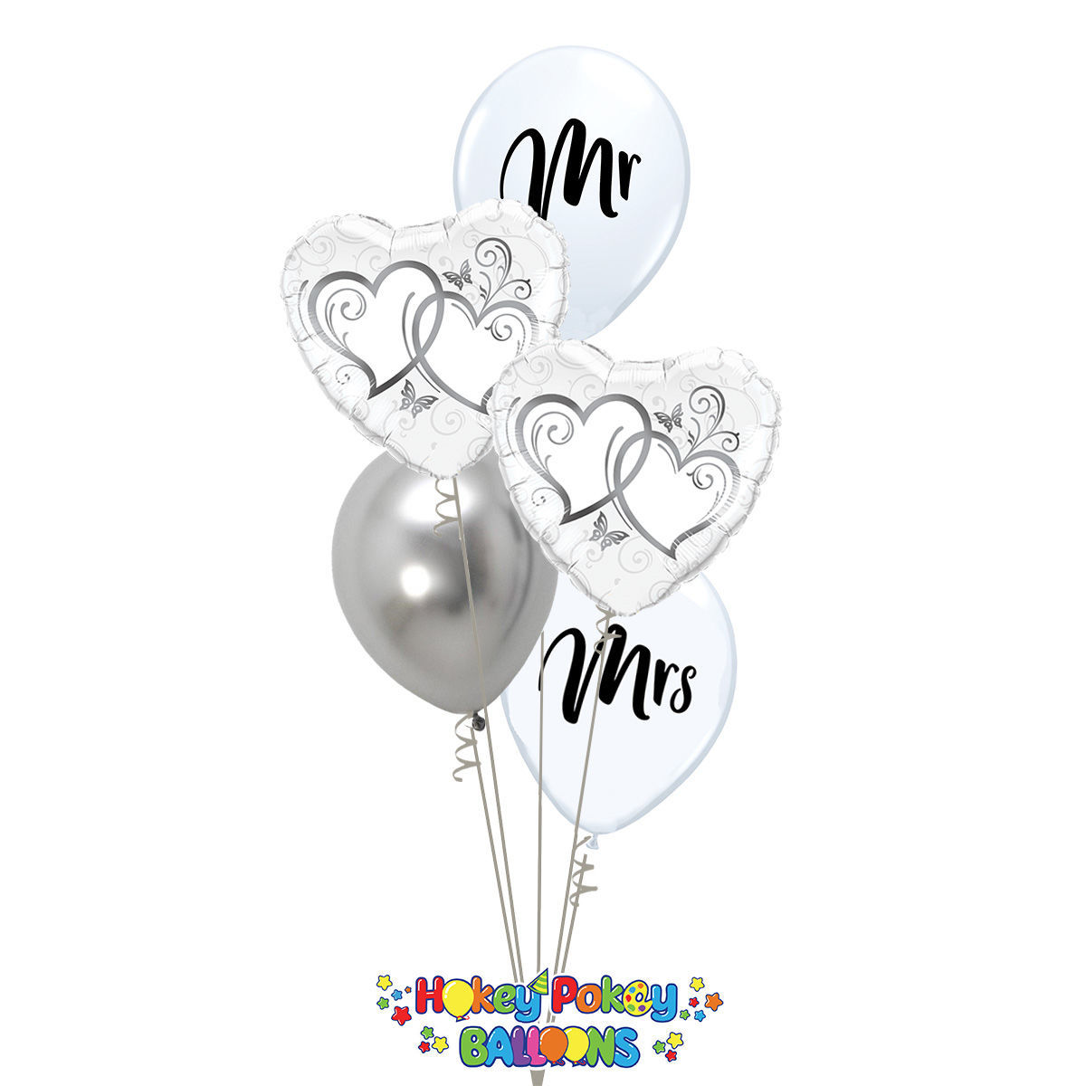 Picture of Couple of Entwined Silver Hearts - Balloon Bouquet of 5