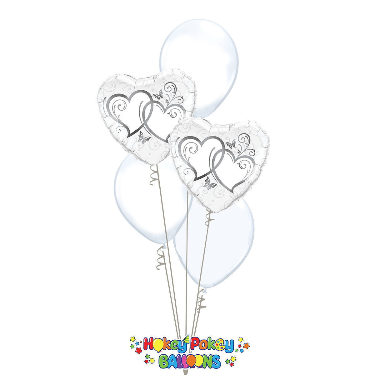 Picture of Entwined Silver Hearts - Balloon Bouquet of 5