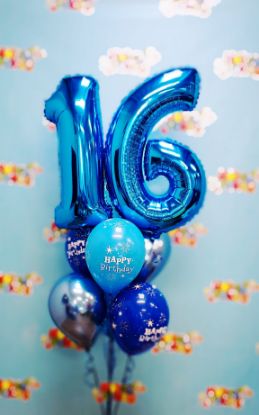 Picture of 11'' Blue Birthday Sparkle Balloon Bouquet  with 2 foil Numbers
