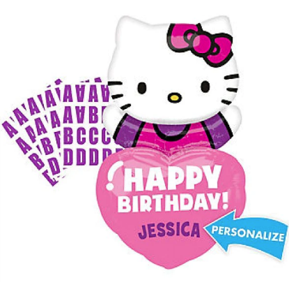 Picture of 32" Personalized Happy Birthday Hello Kitty Heart Foil Balloon  (helium-filled) 